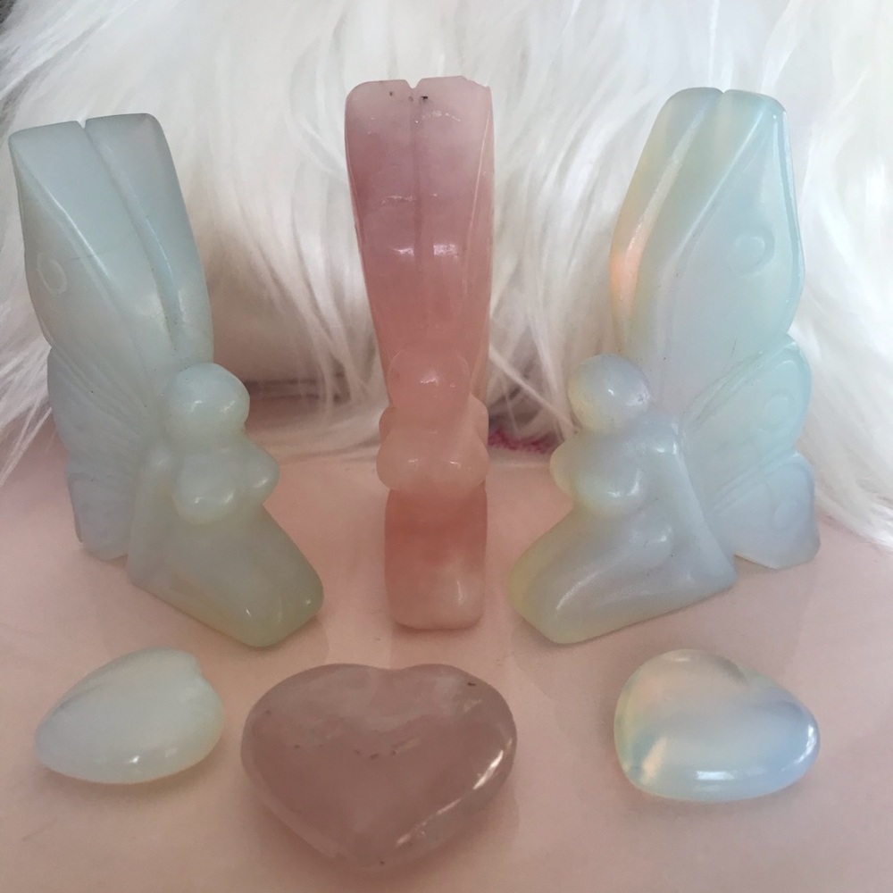 Rose quartz & Opalite fairy statues